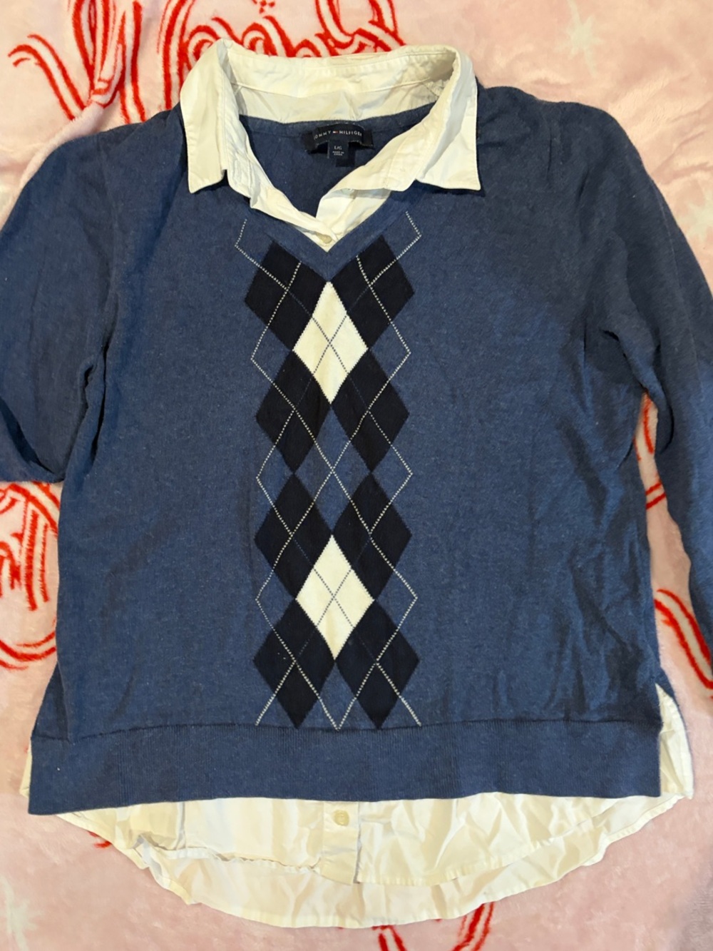 Tommy Hilfiger Women’s Navy Blue Argyle V-Neck Layer Sweater sz Large